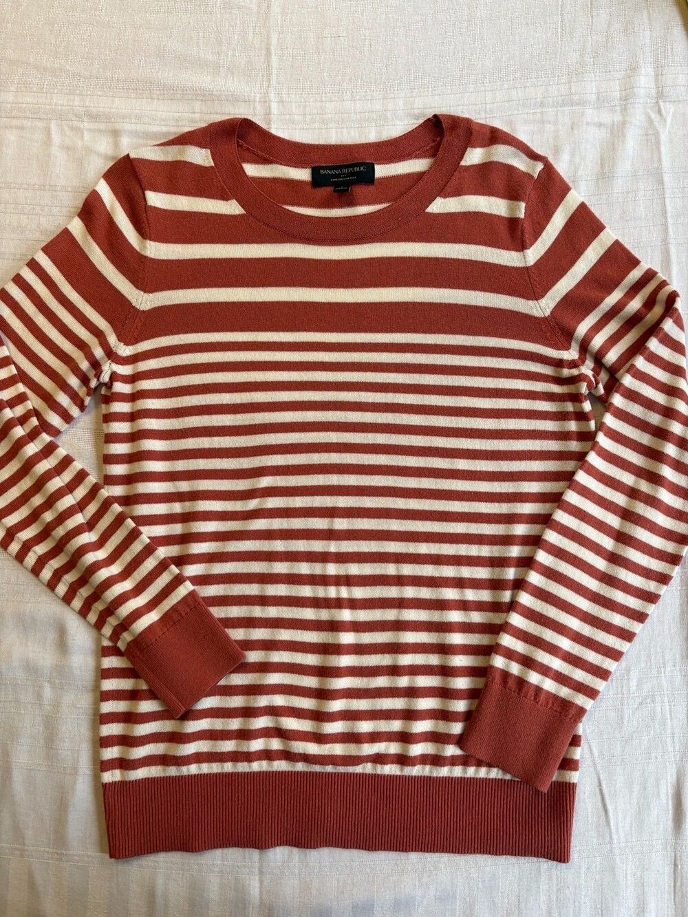 Banana Republic Forever Sweater Women S Rust Ivory Stripe Cotton Rayon